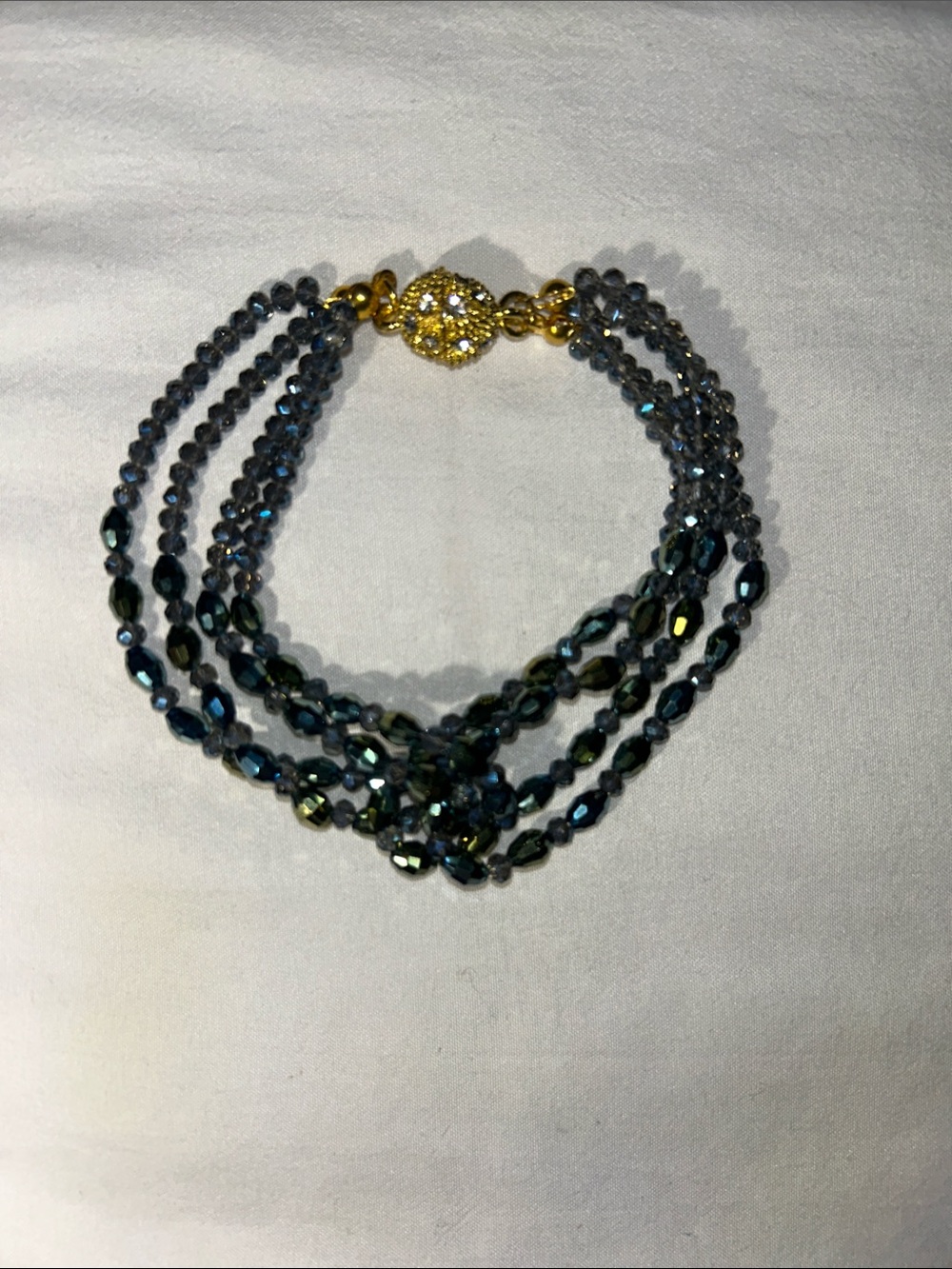 Iridescent Blue-Gray Multi-Strand Beaded Bracelet with Gold Magnetic Clasp